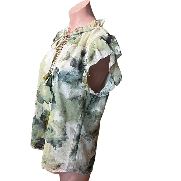 NWOT Haver London Ruffle Sleeve Blouse Leaf Print V-Neck Sleeveless size S - Picture 2 of 8